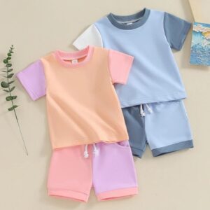 Kids Baby Boys Girls Casual Cute Colorblock Short Sleeve T-Shirt Shorts Set