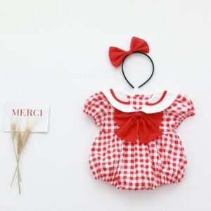 Kids Baby Girls Casual Cute Bow Plaid Print Short Sleeve Romper