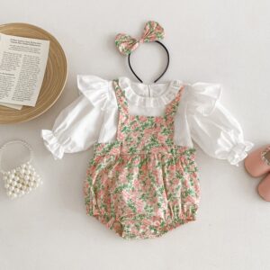 Kids Baby Girls Casual Cute Solid Color Long Sleeve Top Tiny Flower Romper Set