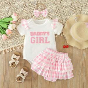 Kids Baby Girls Casual Cute Letters Pattern Short Sleeve Romper Plaid Skirt Set