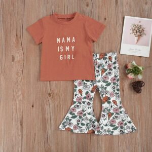 Girls Basic Round Neck Short-sleeved Letter Pattern T-Shirt And Floral Flared Pants Two-piece Set