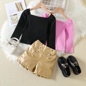 Children Kids Toddler Girls Solid Color Square Neck Puff Sleeve Top And Pu Shorts 2pcs Set