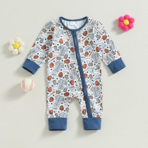 Kids Baby Boys Girls Casual Cute Baseball Print Zipper Long Sleeve Round Neck Bodysuit