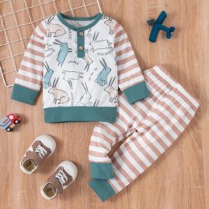 Toddlers Newborn Baby Fashion Girls Long Sleeves Rabbit Stripe Print Sweatshirt And Pants 2pcs Set
