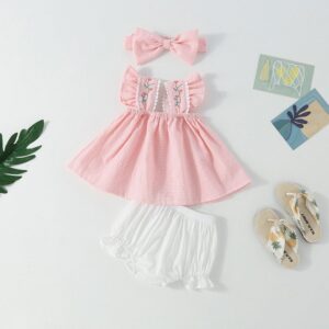 Girls Cute Flower Embroidery Plaid Top And Shorts With Headband Set