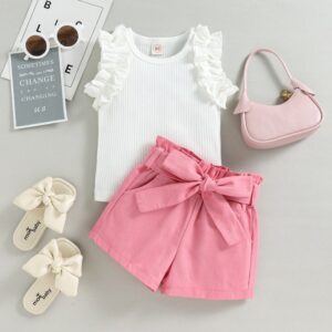 Toddlers Newborn Baby Fashion Girls Sleeveless Ruffle Sleeve Top And Bow Shorts 2pcs Set