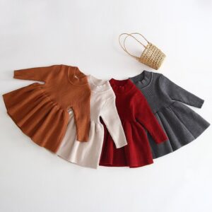 Kids Baby Girls Autumn Winter Casual Cute Solid Color Rib-Knit Long Sleeve Sweater Dress