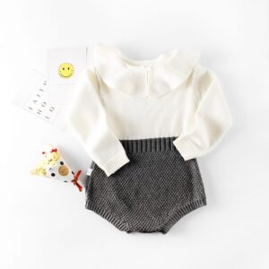 Kids Baby Girls Autumn Winter Casual Cute Color Blocking Long Sleeve Lapel Sweater Romper