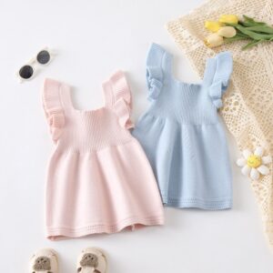 Kids Baby Girls Autumn Winter Casual Cute Solid Color Rib-Knit Raglan Sleeve Sweater Dress