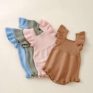 Kids Baby Girls Autumn Winter Casual Cute Solid Color Rib-Knit Raglan Sleeve Sweater Romper