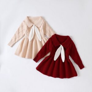 Kids Baby Girls Spring Autumn Casual Cute Long Sleeve Lapel Knitwear Dress