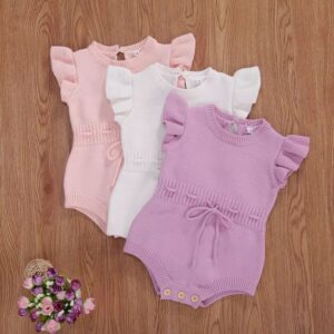 Kids Baby Girls Spring Autumn Casual Cute Solid Color Fluttering Sleeve Knitwear Romper