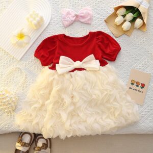 Girls Fashion Contrast Mesh Bow Dress