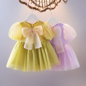 Girls Fashion Solid Color Mesh Puff Sleeve Bow Dress