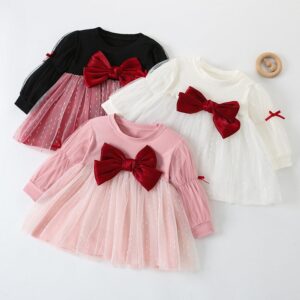 Girls Fashion Long Sleeve Bow Mesh Dress