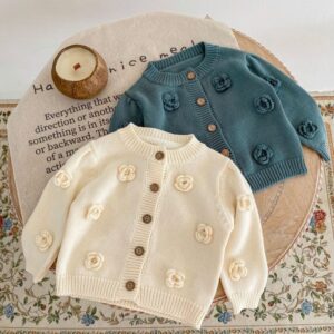 Kids Baby Girls Autumn Winter Casual Cute Flower Long Sleeve Cardigan Knitted Sweater
