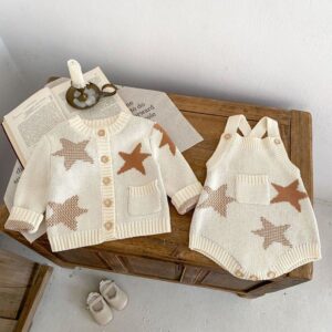 Kids Baby Girls Autumn Winter Casual Cute Star Long Sleeve Cardigan Knitted Sweater Sleeveless Romper Set
