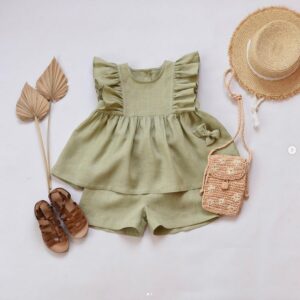 Kids Baby Girls Casual Cute Solid Color Raglan Sleeve Dress Shorts Set