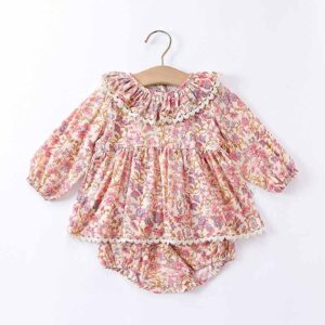 Kids Baby Girls Casual Cute Tiny Flower Print Long Sleeve Peter Pan Collar Dress Shorts Set