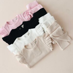 Kids Baby Boys Girls Casual Cute Solid Color Rib-Knit Long Sleeve Romper Trousers Set