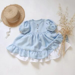 Kids Baby Girls Summer Casual Cute Pastoral Solid Color Short Sleeve Flounced Dress