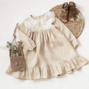 Kids Baby Girls Spring And Autumn Casual Cute Solid Color Lace Peter Pan Collar Long Sleeve Dress