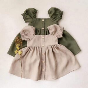 Kids Baby Girls Summer Casual Cute Pastoral Solid Color Puff Sleeve Square Neck Dress
