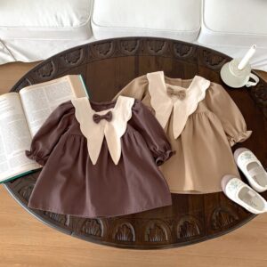 Kids Baby Girls Summer Casual Cute Preppy Solid Color Bow Long Sleeve Dress