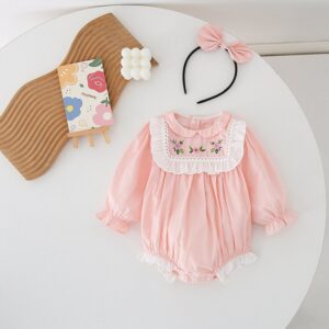 Kids Baby Girls Casual Cute Flower Embroidery Long Sleeve Lapel Romper