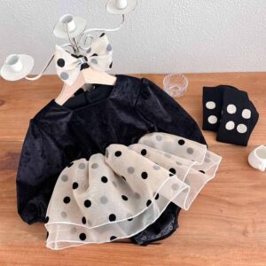 Kids Baby Girls Casual Cute Polka Dot Print Mesh Long Sleeve Romper