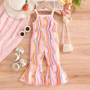 Kids Baby Girls Summer Casual Cute Rainbow Flower Print Sleeveless Flare Jumpsuits