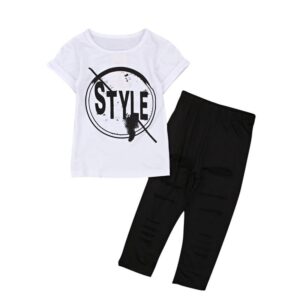 2 Pcs Casual Set Kid Child Girl Short Sleeves Tees And Ripped Pants