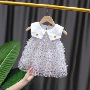 Kids Baby Girls Casual Cute Multicolor Polka Dot Print Mesh Sleeveless Peter Pan Collar Dress