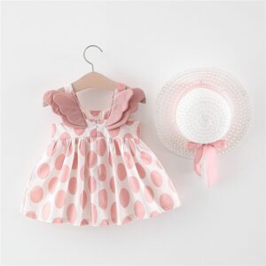 Girls Polka Dot Wing Design Dress With Cap Set