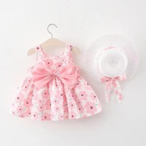 Baby Girls Cute Flower All Over Print Bow Decor Sleeveless Dress With Hat