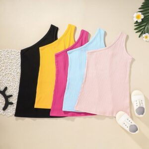 Girls Simple Solid Color One Shoulder Dress