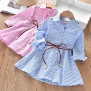 Girls Casual Lapel Long Sleeve Striped Shirt Dress