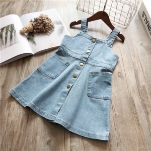 Girls Fashion Solid Color Single-breasted Denim Dress