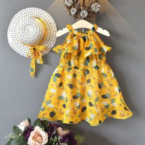2 Pcs Sweet Girl Floral Print Ruffle Design Dress With Hat