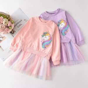 Girls Cute Cartoon Pattern Sweartshirt Mesh Spliced Fluffy Dress