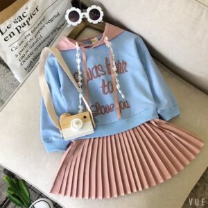 Girls Fashion Letter Printed Pleated Design Spliced Hooded Dress