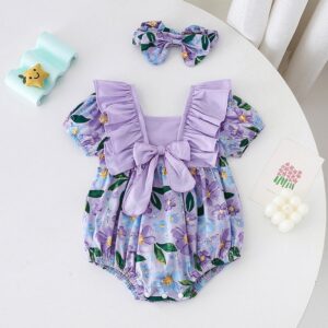 Kids Baby Girls Summer Casual Cute Tiny Flower Print Bow Short Sleeve Romper