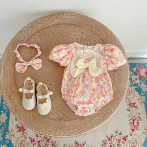 Kids Baby Girls Summer Casual Cute Tiny Flower Print Bow Short Sleeve Romper