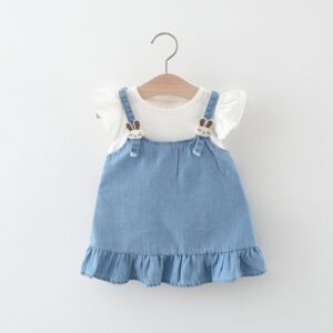 Kids Baby Girls Fashion Casual Cute Denim False Two-Piece Dress