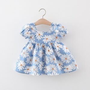 Kids Baby Girls Summer Casual Cute Bow Flower Print Short Sleeve Dress