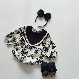 Kids Baby Girls Casual Cute Tiny Flower Print Bow Long Sleeve Romper