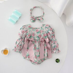 Kids Baby Girls Casual Cute Tiny Flower Print Bow Long Sleeve Romper