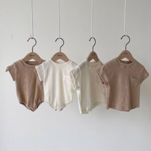 Kids Baby Boys Girls Casual Cute Solid Color Stripe Short Sleeve Romper