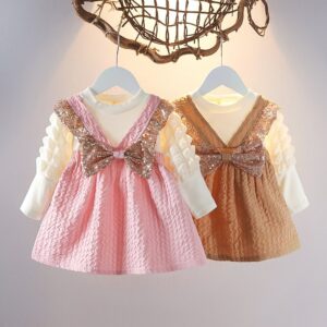 Kids Baby Girls Casual Cute Bow Long Sleeve False Two-Piece Dress