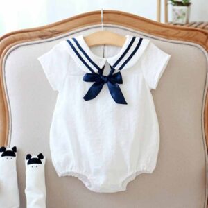 Kids Baby Boys Girls Casual Cute Bow Short Sleeve Peter Pan Collar Romper